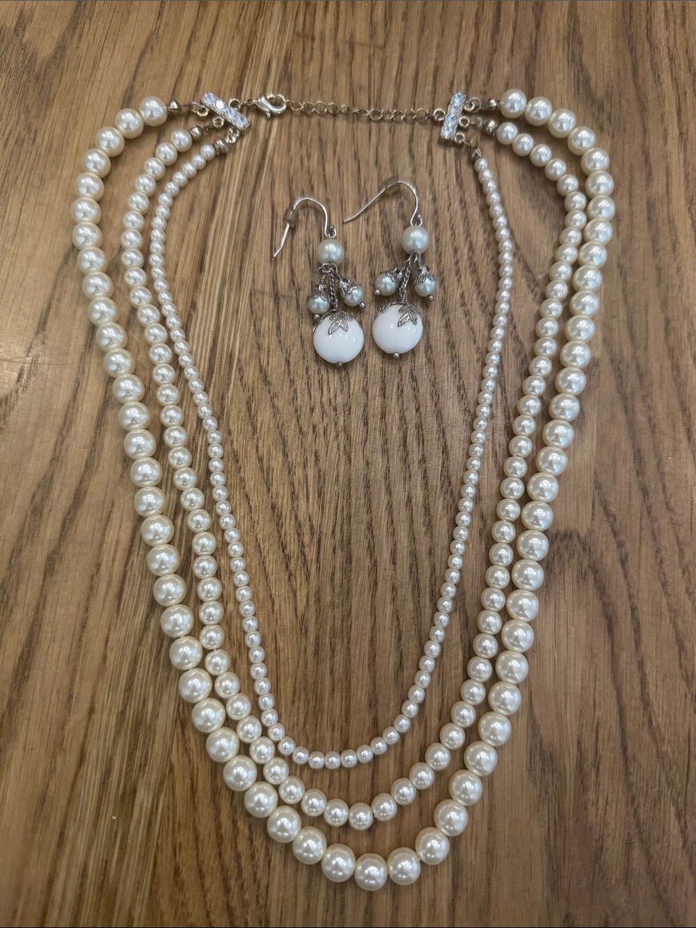 Vintage Costume Jewelry Pearl Multi-Strand Necklace with Matching Drop Earrings